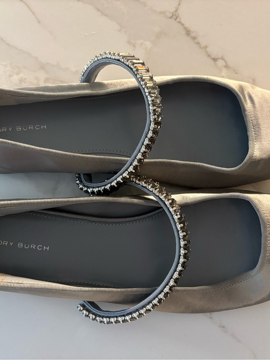 Tory Burch Shoes - Tory Burch Silver Satin Embellished Ballet Flats